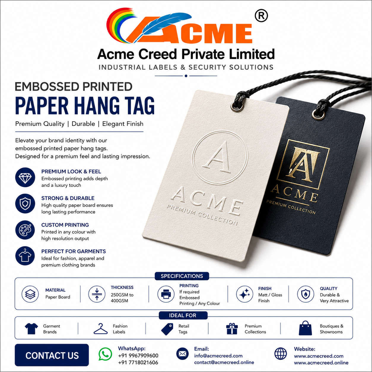 EMBOSSED PRINTED PAPER HANG TAG